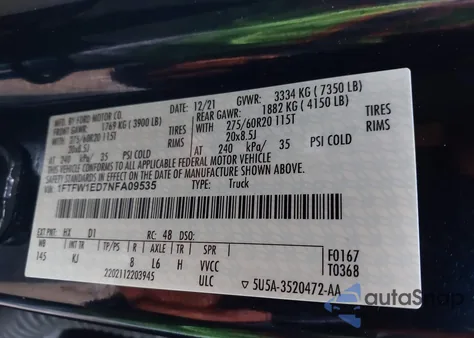 2022 Ford F150 Supercrew z USA, uszkodzony, nr VIN 1FTFW1ED7NFA09535